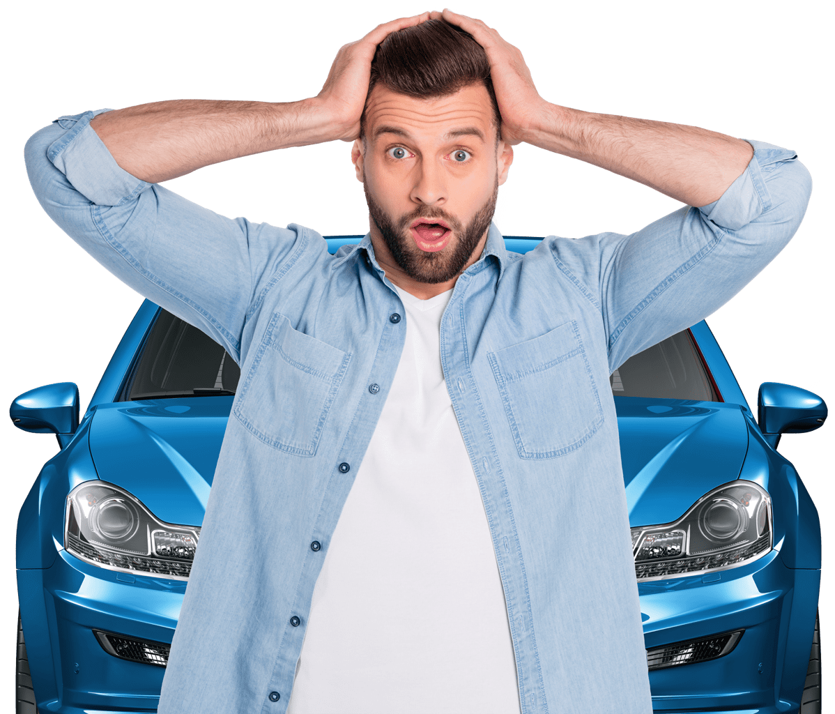 Man standing in front of car looking confused - he needs help with SR22 insurance.