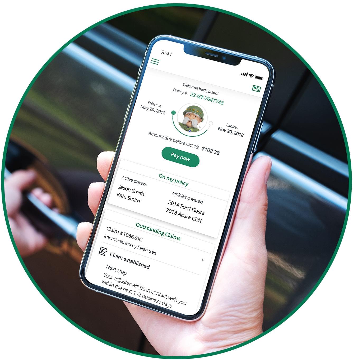Cell phone with The General's mobile app open shows that affordable car insurance policies are available online from The General.