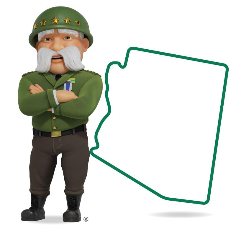 Graphic of The General standing in front of Arizona with his arms crossed and a smile. Get a quote for Arizona car insurance today!