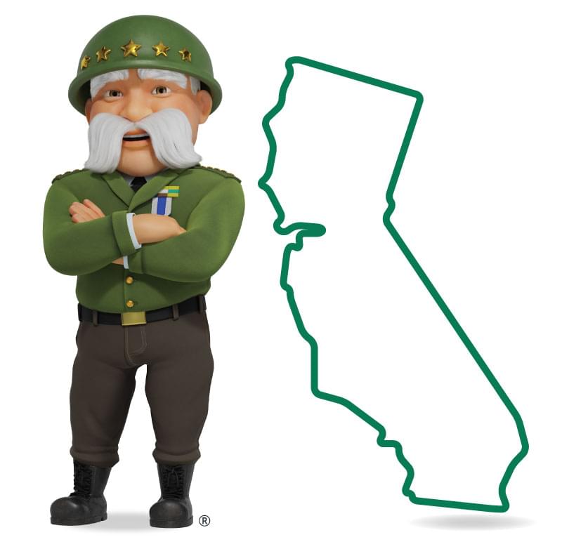 Graphic of The General standing in front of California with his arms crossed and a smile. Get a quote for California car insurance today!