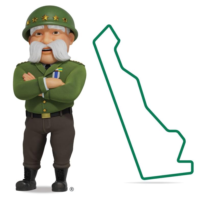 Graphic of The General standing in front of Delaware with his arms crossed and a smile. Get a quote for Delaware car insurance today!