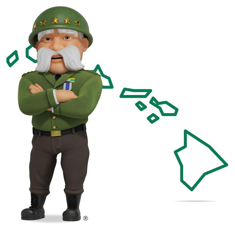 Graphic of The General standing in front of Hawaii with his arms crossed and a smile. Get a quote for Hawaii car insurance today!
