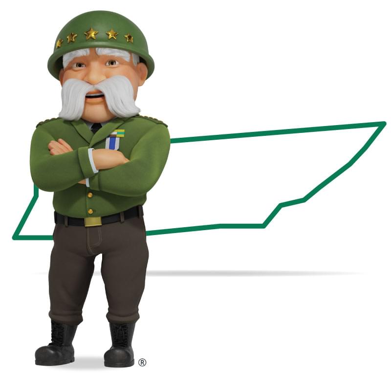 Graphic of The General standing in front of Tennessee with his arms crossed and a smile. Get a quote for Tennessee car insurance today!