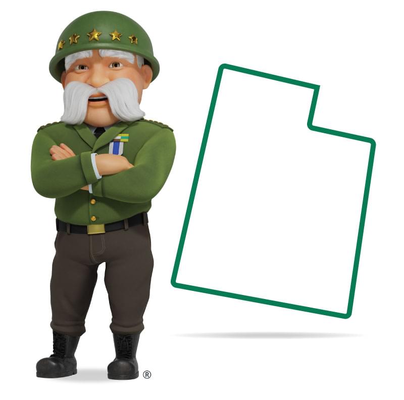Graphic of The General standing in front of Utah with his arms crossed and a smile. Get a quote for Utah car insurance today!