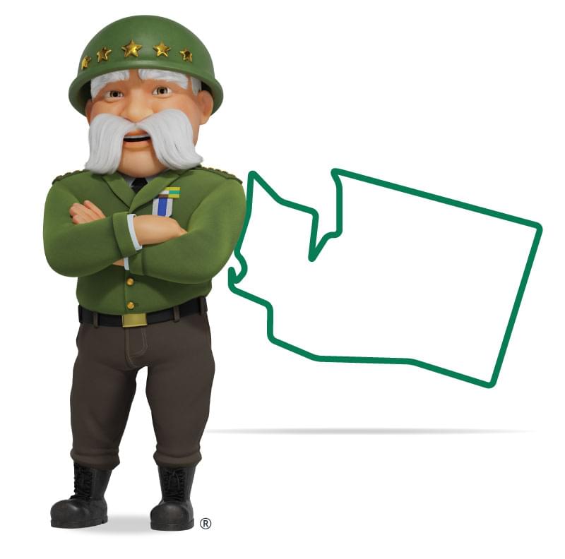 Graphic of The General standing in front of Washington with his arms crossed and a smile. Get a quote for Washington car insurance today!